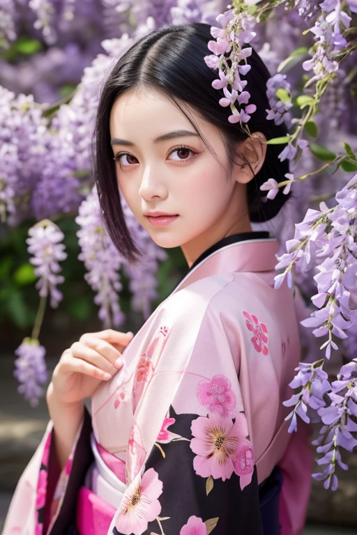 masterpiece, (Pink kimono), Fascinating face, Good lighting, Low Cut, The finer details, masterpiece, Glowing Eyes, One girl, Black Hair, On the face, Nezuko Kamado, Wisteria Background, masterpiece, Highest quality, throw, Various poses, Backwards, Recall