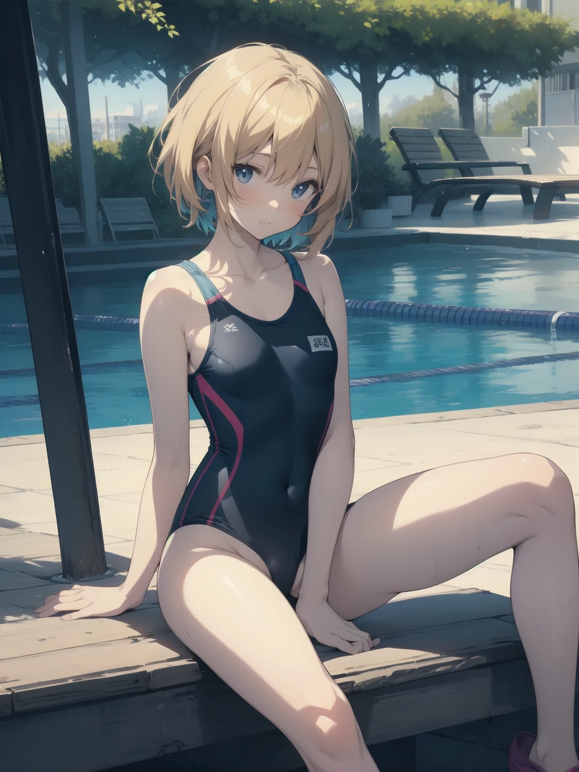 ultra-Top-quality by art God, ultra-detailed, high resolution, shinkai makoto style, anime moe artstyle, best anime 8k konachan wallpaper, pixiv contest winner, perfect anatomy, break,(Please draw a picture of a girl in a swimsuit sitting masturbation on a bench by the poolside alone.),break, a hyperrealistic school girl, (Solo,lolita, , 13-ar-1.3),l limbs, complete fingers, androgynous charm, (very short hair), wet hair, small breasts,slender body, Small butt, groin, Small black eyes,hanme,beautiful detailed eyes, well-proportioned iris and pupils, sleepy eyes, highres detailed hair, swimsuit, wet swimsuit, bare shoulders, thighs, pussy juice, masturbation, in the school pool. break,super detailed skin, shiny skin, Best lighting powered by famous artist, 8k, illustration,UHD, textured skin,break,((artist:toosaka_asagi )), artist:clamp ,artist:carnelian ,artist:kantoku ,