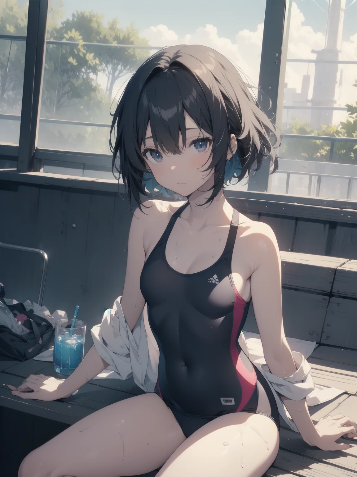 ultra-Top-quality by art God, ultra-detailed, high resolution, shinkai makoto style, anime moe artstyle, best anime 8k konachan wallpaper, pixiv contest winner, perfect anatomy, break,(Please draw a picture of a girl in a swimsuit sitting masturbation on a bench by the poolside alone.),break, a hyperrealistic school girl, (Solo,lolita, , 13-ar-1.3),l limbs, complete fingers, androgynous charm, (very short hair), wet hair, small breasts,slender body, Small butt, groin, Small black eyes,hanme,beautiful detailed eyes, well-proportioned iris and pupils, sleepy eyes, highres detailed hair, swimsuit, wet swimsuit, bare shoulders, thighs, pussy juice, masturbation, in the school pool. break,super detailed skin, shiny skin, Best lighting powered by famous artist, 8k, illustration,UHD, textured skin,break,((artist:toosaka_asagi )), artist:clamp ,artist:carnelian ,artist:kantoku ,