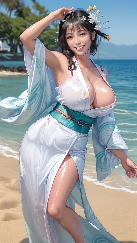Highest quality,8Kのmasterpiece,Super detailed,超A high resolution,High resolution,Super Beauty,The beauty of raw photography:2.0,
((Ultra-Realistic Details)),Very intricate detail,(Photographed from the front:1.6),Depth of written boundary,
High background image quality,Full body description,(Realistic:1.5),(masterpiece:1.5),
(Perfect figure:1.5),(View from the front:1.9),Accurate,Anatomically correct,
(((Oily skin:1.8,Glowing Skin 1.5,Glowing Skin))),
Looking into the camera,Realistic:1.9,She wears a vibrant kimono decorated with intricate patterns and a wide sash.,
Gorgeous embroidered kimono,((A kimono with a wide open chest:1.5)),
(((Japanese Kimono:1.5))),((((1 female:1.9,solo)))),Colorful kimonos,
Wear a swimsuit under your kimono,Hide all breasts,
25 year old adult Japanese woman,Beautiful Hair,Delicate and beautiful face,Eye and facial details,Shining Eyes,
Symmetrical eyes,Beautiful light brown eyes,double eyelid,Thin eyebrows,(Glossy Lips:1.8),(blush:1.2),
(((Bursting Big Breasts:1.5,Don't show your areola,Cleavage:1.6))),
Huge breasts,Large Breasts,tits,The lower half of the body is hidden by the kimono and cannot be seen.,
,(Ultra-slim waist),Toned Abs,(Place your hands behind your head,Show your armpits:1.3),
Slim thighs,Narrow waist,Soft skin body,Sexy gravure pose,
Long black hair,Random hairstyle,Height 175cm,
(((Best Smile:1.9,Smiling and showing white teeth))),(Beautiful sea beach:1.25),
Midsummer Beach,blue sky,White sand beach,Woman happily running on the beach,(Beautiful sandy beach:1.15),Private beach,