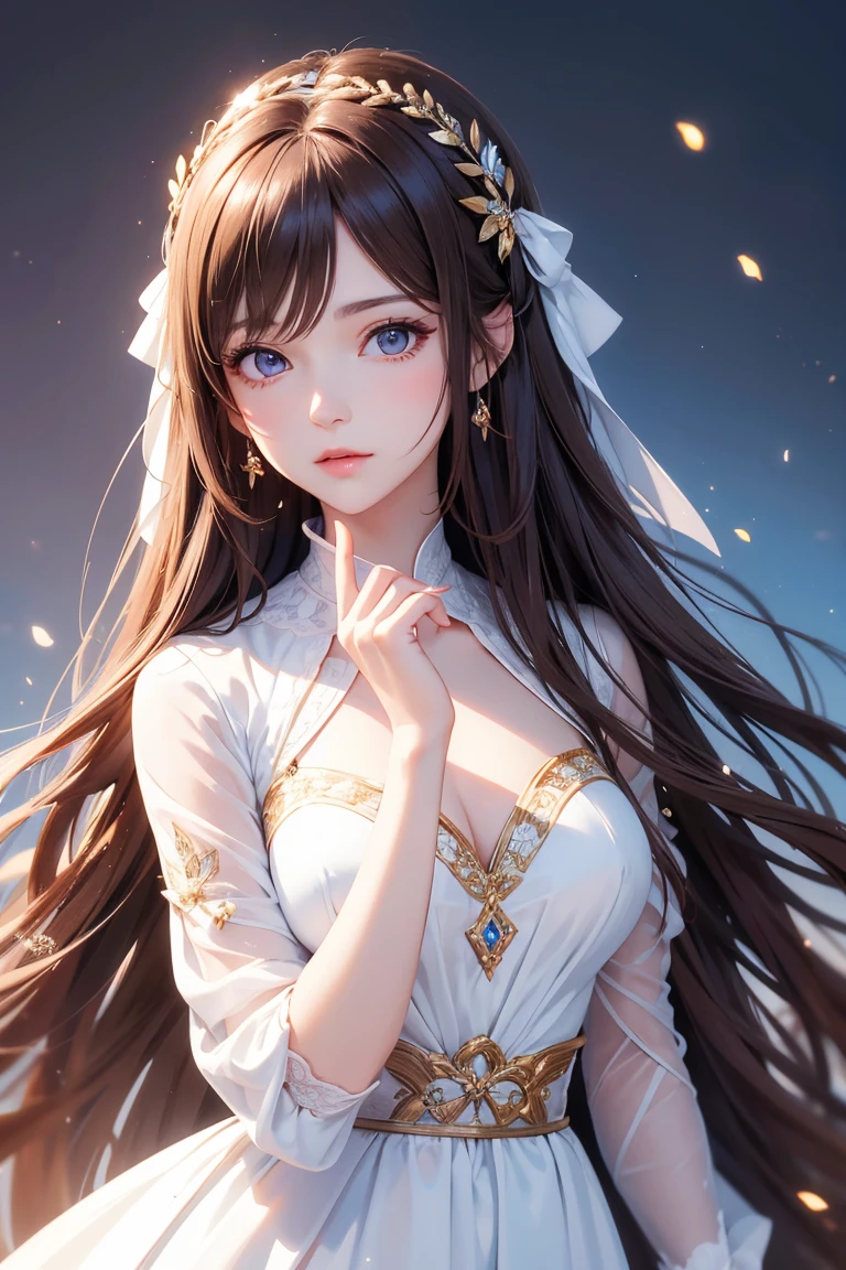 Masterpiece, Best quality, 1 Female, Mature Woman, Elder Sister, young girl, Royal Sister, brown eyes, long hair, smoky mix brown color hair, resolute eyes, white mix blue dress, long white eardrop, morden, frontal photo, blank background, remove background, anime, illustration