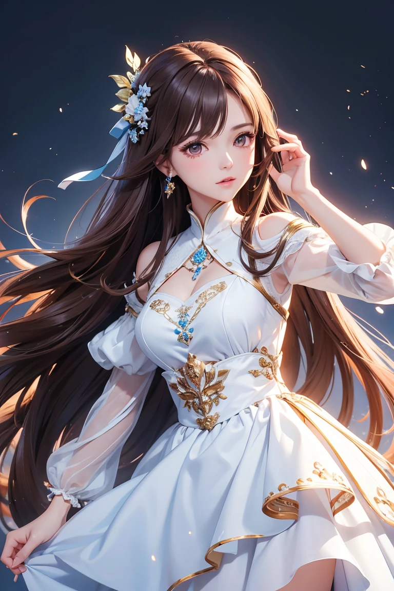 Masterpiece, Best quality, 1 Female, Mature Woman, Elder Sister, young girl, Royal Sister, brown eyes, long hair, smoky mix brown color hair, resolute eyes, white mix blue dress, long white eardrop, morden, frontal photo, blank background, remove background, anime, illustration