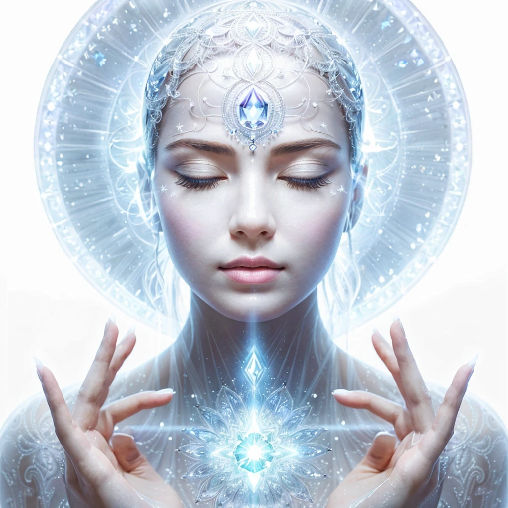Very real half-body image, Beautiful oval face of a gray extraterrestrial Goddess, with very light, smooth and pearly skin, tiny nose, she is meditating, her eyes are closed, her third eye is very bright and illuminated. At the bottom of it there is a crystalline mandala. WHITE BACKGROUND. Photorealism, full view, highly detailed image, very realistic, hyperrealism, Ultra HD, 8k, 5, sharp focus, intricate and mysterious masterpiece. (Long exposure photography Very detailed close-up portrait artistic illustration: final quality, medium shot, backlight, Rich and striking. Enigmatic and mysterious manipulations (composition of the rule of thirds), ((detailed environment with strong lines) The best quality, in camera, white light, warm and clean aesthetics, dazzling screen composed of millions of brilliant ultraviolet rays, HDR.