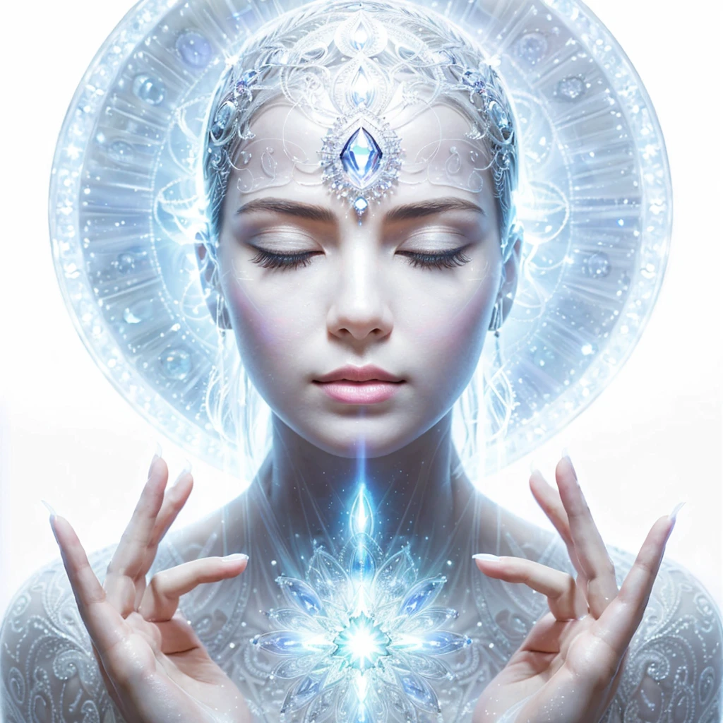 Very real half-body image, Beautiful oval face of a gray extraterrestrial Goddess, with very light, smooth and pearly skin, tiny nose, she is meditating, her eyes are closed, her third eye is very bright and illuminated. At the bottom of it there is a crystalline mandala. WHITE BACKGROUND. Photorealism, full view, highly detailed image, very realistic, hyperrealism, Ultra HD, 8k, 5, sharp focus, intricate and mysterious masterpiece. (Long exposure photography Very detailed close-up portrait artistic illustration: final quality, medium shot, backlight, Rich and striking. Enigmatic and mysterious manipulations (composition of the rule of thirds), ((detailed environment with strong lines) The best quality, in camera, white light, warm and clean aesthetics, dazzling screen composed of millions of brilliant ultraviolet rays, HDR.