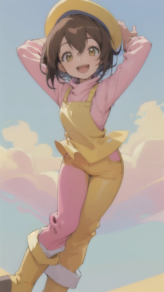 Top quality, masterpiece, high resolution, details, Top quality, masterpiece, high resolution, details, perfect anat○my, (cute girl), smiling, arms behind her back, HikariDigi, open mouth, yellow sleveless shirt, pink pants, rubber boots, shoes, sky, solo,Background is blue sky, upper body