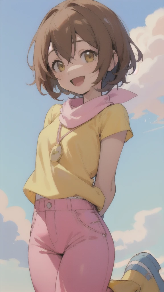 Top quality, masterpiece, high resolution, details, Top quality, masterpiece, high resolution, details, perfect anat○my, (cute girl), smiling, arms behind her back, HikariDigi, open mouth, yellow sleveless shirt, pink pants, rubber boots, shoes, sky, solo,Background is blue sky, upper body