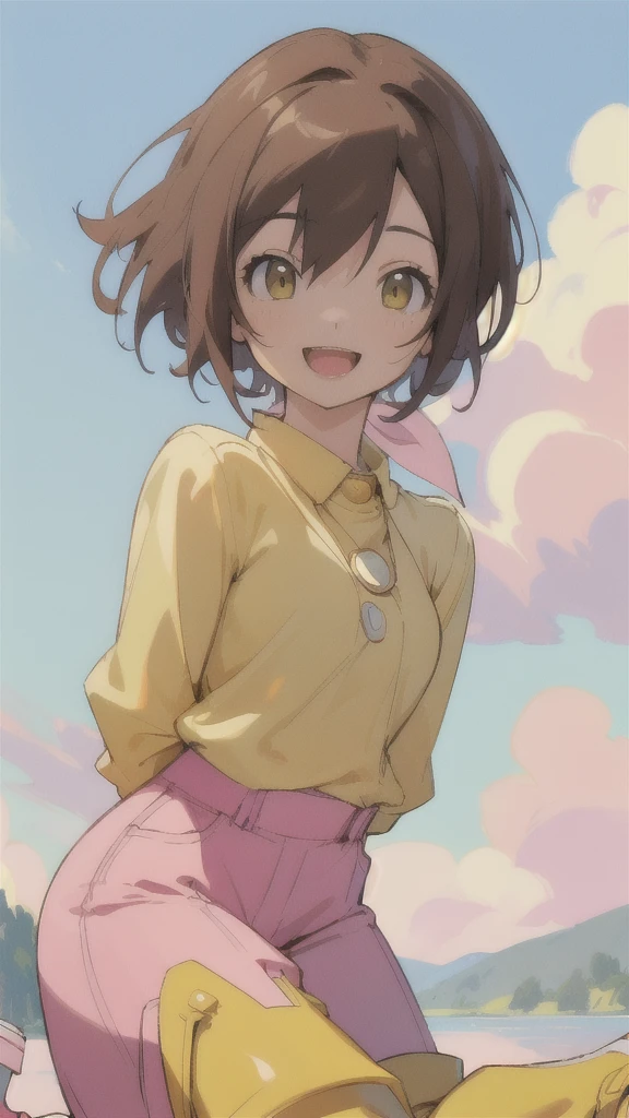 Top quality, masterpiece, high resolution, details, Top quality, masterpiece, high resolution, details, perfect anat○my, (cute girl), smiling, arms behind her back, HikariDigi, open mouth, yellow sleveless shirt, pink pants, rubber boots, shoes, sky, solo,Background is blue sky, upper body