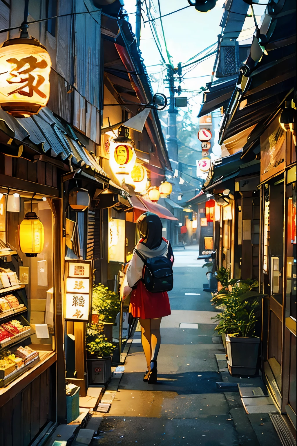 JapLane,sign,(shop:1.25),lantern,plant,flag,1girl,