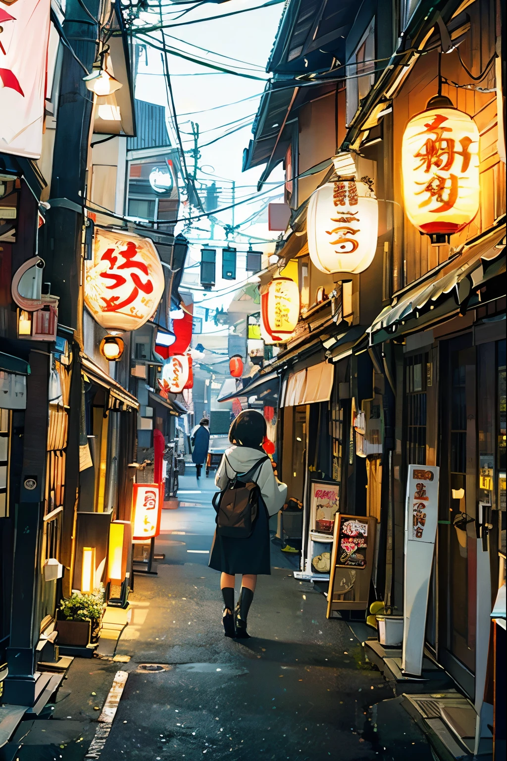 JapLane,sign,(shop:1.25),lantern,plant,flag,1girl,