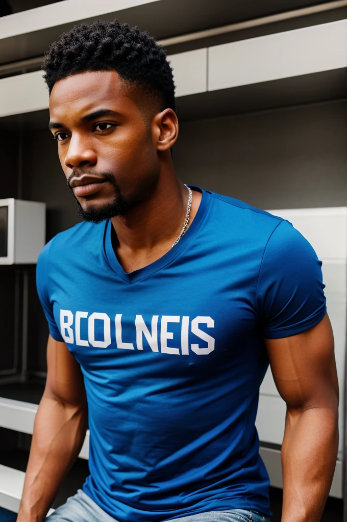 Black man ,blue t shirt ,and lower