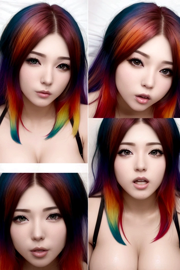 6 headshot photos in one photos, extremely beautiful woman with multicolored hair, laying on a white bed, looking at the camera man, multicolored garter set, moaning orgasmic  ahegao face, 