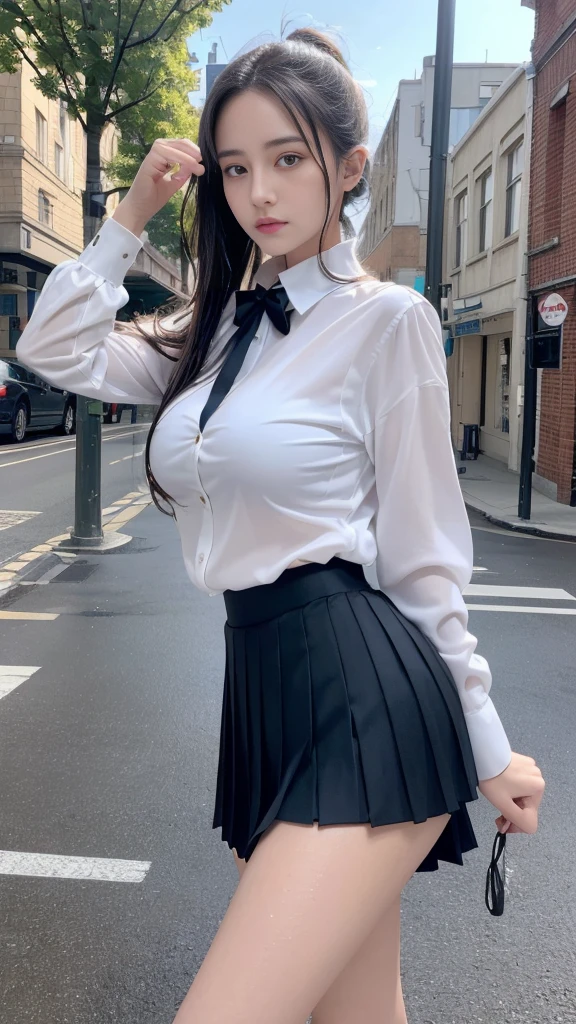 (A hyper-realistic),  (high resolution), (8K), (A highly detailed), (The best illustrations), (Beautiful detailed eyes), (top-quality), (Very detailed), (​masterpiece), campus,University, (Detailed face), Solo, 1 girl, White wavy hair, large full breasts, Plump buttocks、Long leg, Firm abs,Pleated skirt,Button shirt with wet collar,18 years old,Street,Looking back,Skirt blowing in the wind,(((Pose with your hands on your skirt、lift up one's skirt))),(((Detailed hand、Detailed finger))), pony tail, see through short shirt