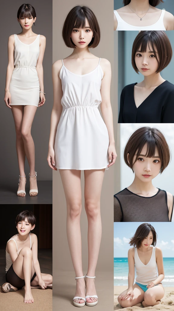 （（（Full Body Shot）））、Tropical sandy beach、Standing posture、１girl、(Surreal)、(Awareness-raising)、(High resolution)、(8K)、(Very detailed)、(Best illustrations)、（Beautiful and detailed eyes)、(Highest quality)、(masterpiece)、（Detailed face）、Pure Erotic Face Ace_v1、View your viewers、Low Key、Laughter、Pixie Cut、Cute clothes、clear、Serious clothes、Diagonal bangs、Brown Hair、