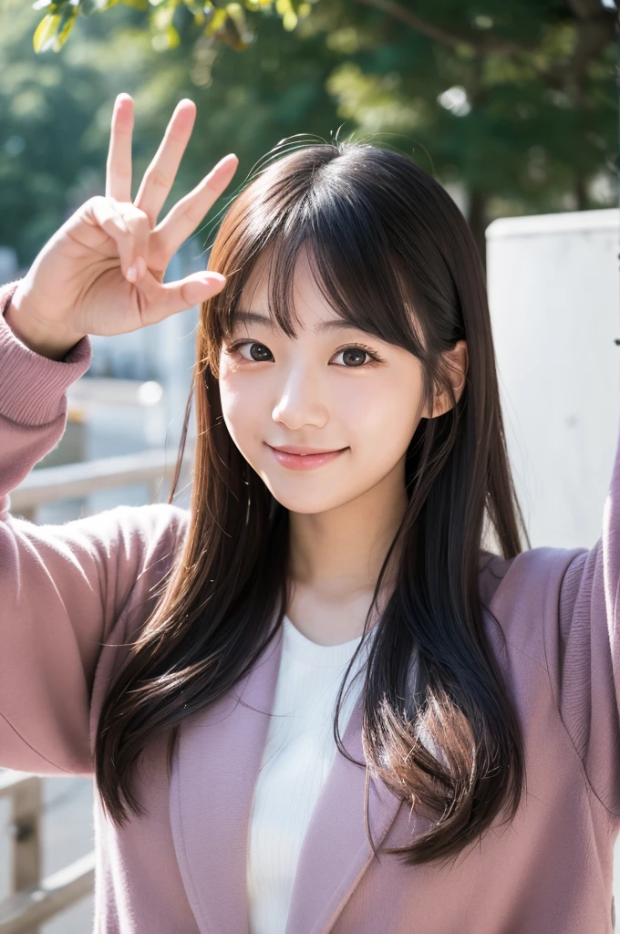 8K, details, Vertical portrait of a charming young Japanese lady making a peace sign, selfie style, high-definition, natural light, as if taken with a Canon camera