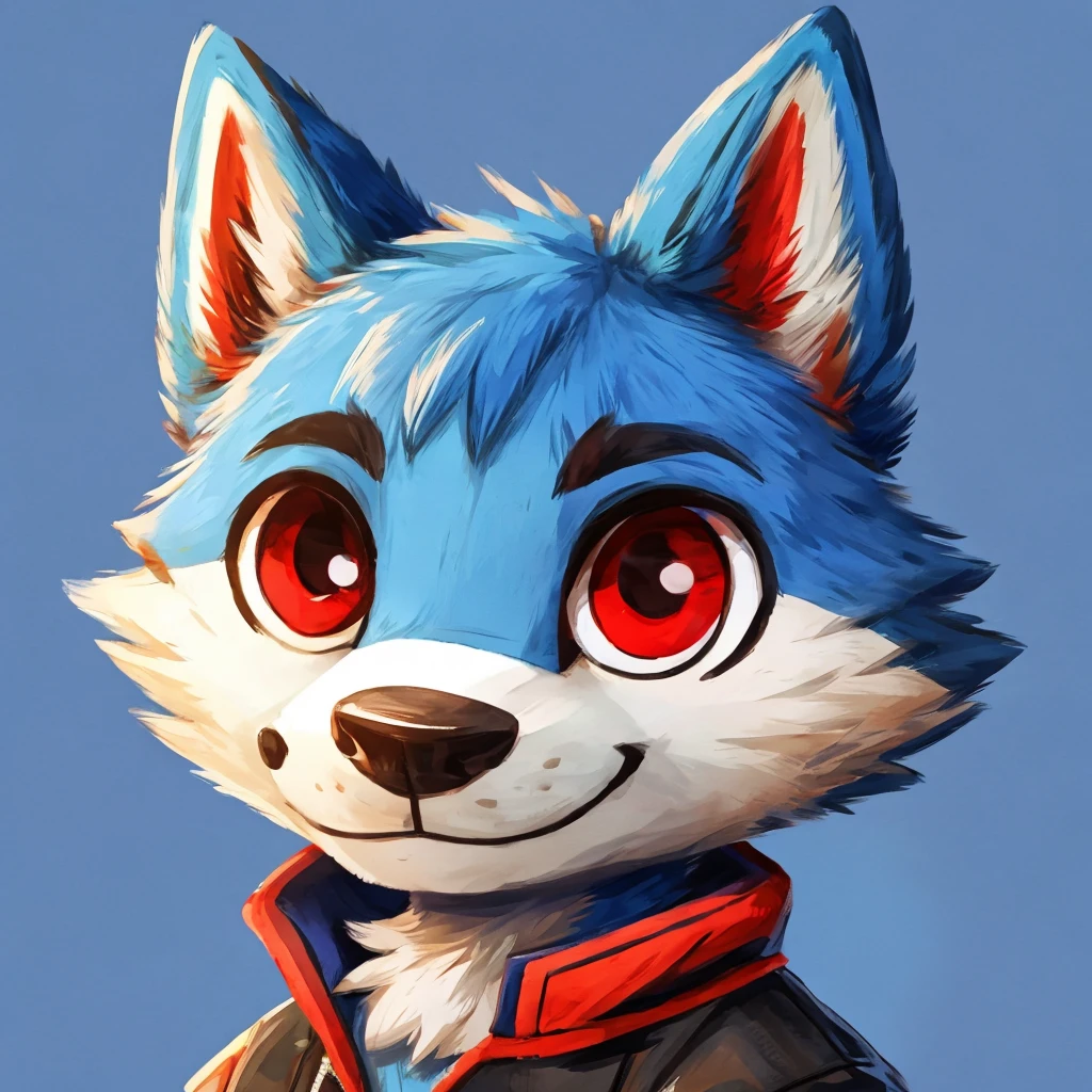 headshot of a cute and anthropomorphic blue colored fur, wolf, closed smile, he has one red colored eye of the two eyes, he has a jacket, headshot, high quality furry art, cute background. animal crossing style.