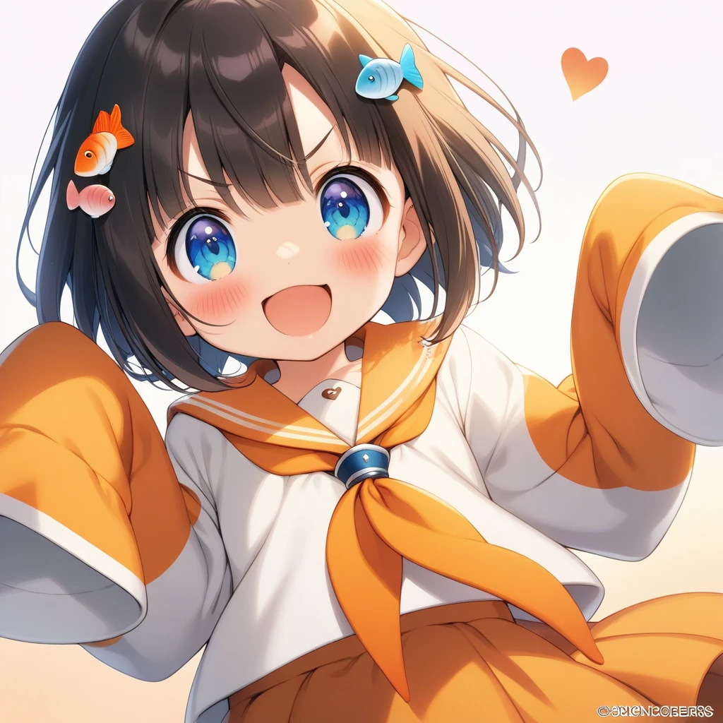 1girl, pan \(mimi\), absurdres, official art, absurdres, :d, :), black hair, blue eyes, blush, fish hair ornament, gradient background, hair between eyes, hair ornament, heart, looking at viewer, neckerchief, open mouth, orange neckerchief, short hair, sleeves past fingers, sleeves past wrists, smile, twitter username, v-shaped eyebrows, virtual youtuber, ((very aesthetic, best quality, ultra detailed))
