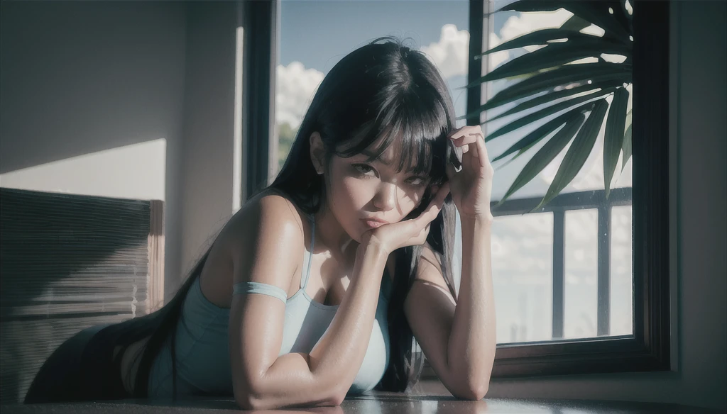 best quality, masterpiece, girl, Dark hair, dark eyes, home, sun shining, shiny skin, sun flare