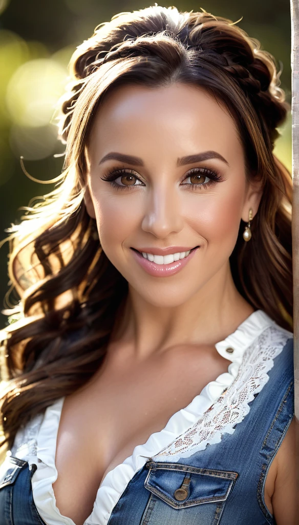 Lacey Chabert, Beautiful Woman, player's perspective, Lens Flare, f/2.8, 50mm, Leica, Braids, (Masterpiece, Top Quality, High Resolution:1.4), 1 girl, 30 years old, large breasts, angel, abs, skin pore texture, HD 4K, 8K, photo, cinematic, full body portrait, realistic, (8K, RAW photo, Top Quality, Masterpiece:1.2), (realistic, photo-realistic:1.33), best quality, detailed eyes, cute, natural light, depth of field, film grain, wrinkled skin, sharp, detailed and realistic woman, staring at camera, ruffled lips, sexy smile, perfect teeth, soft natural light, photography, magic photography, dramatic lighting, photorealism, super detailed, elegant white blouse and tight WR.UP jeans with platform stiletto heels.