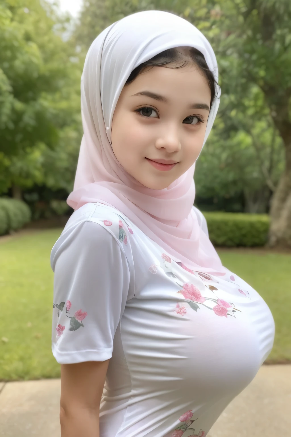Jumbo (y Lingerie Dress), adorable, 1 girl, (face to face), 10 aby face, happy, half body portrait, (face details: 1), (eye details: 1), ((big breasts)). nsparent transparency soft long shirt, hijab .. Cute posed. proportional body. Ultra High Res. realistic: 1.4, UHD, (floral pattern), view from side seductive pose