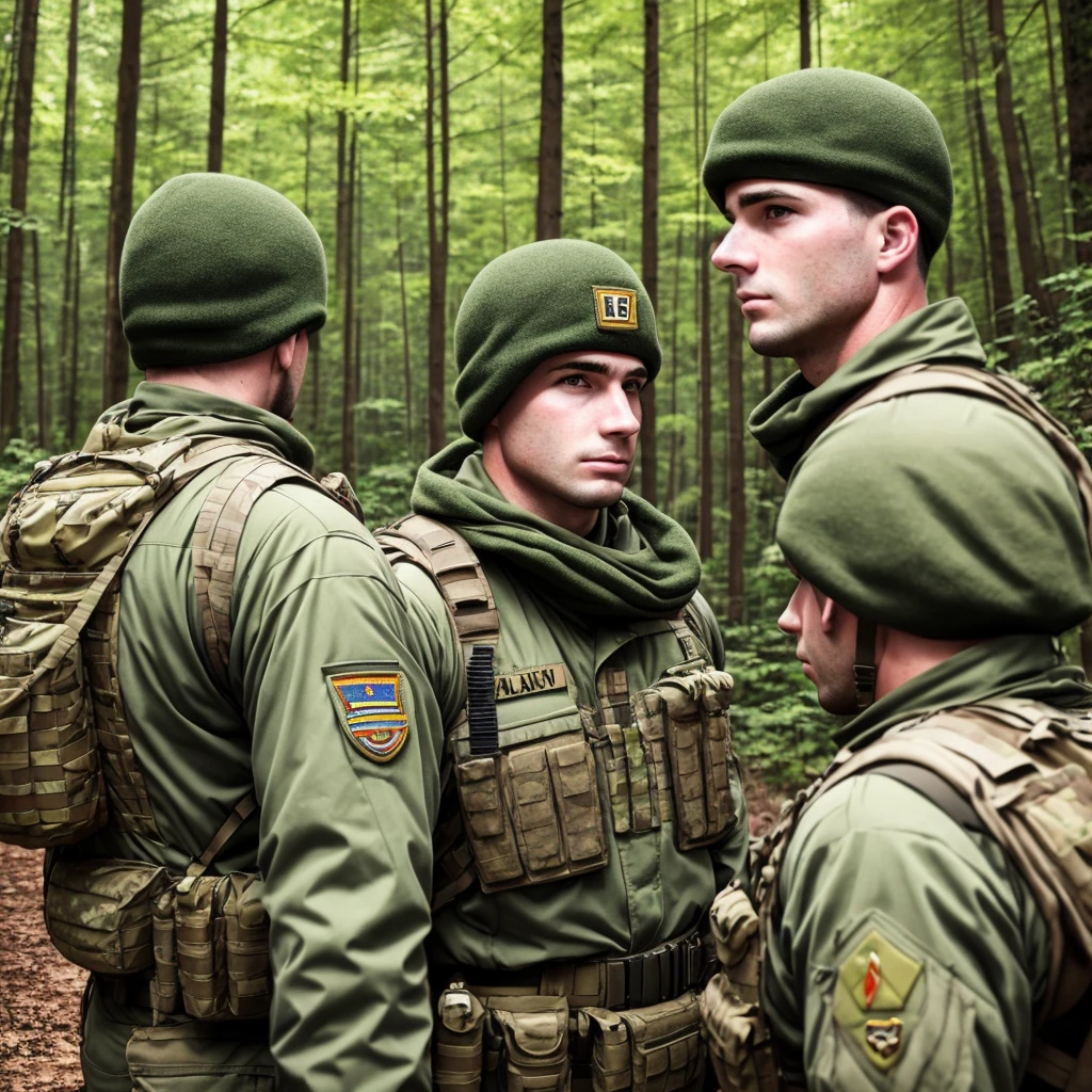 white 2males, 2guys, 2soldiers, wearing 1994 american military uniforms, face to face, stare down, wearing balaclavas, wearing mask, face headen, in a forest, beautiful background, no more than 2 characters, close up, half body