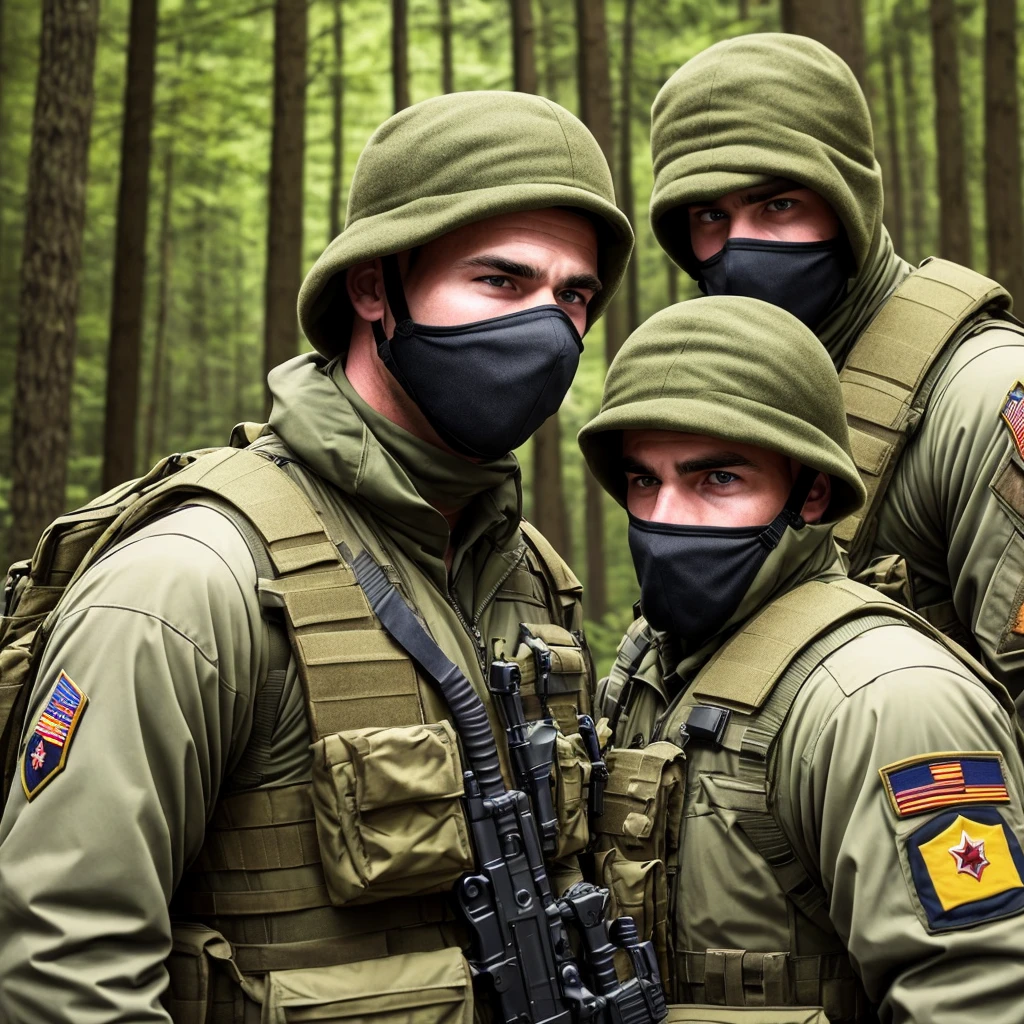 white 2males, 2guys, oldiers, wearing 1994 american military uniforms, face to face, stare down, wearing balaclavas, wearing mask, face headen, in a forest, beautiful background, no more than 2 characters, close up, half body