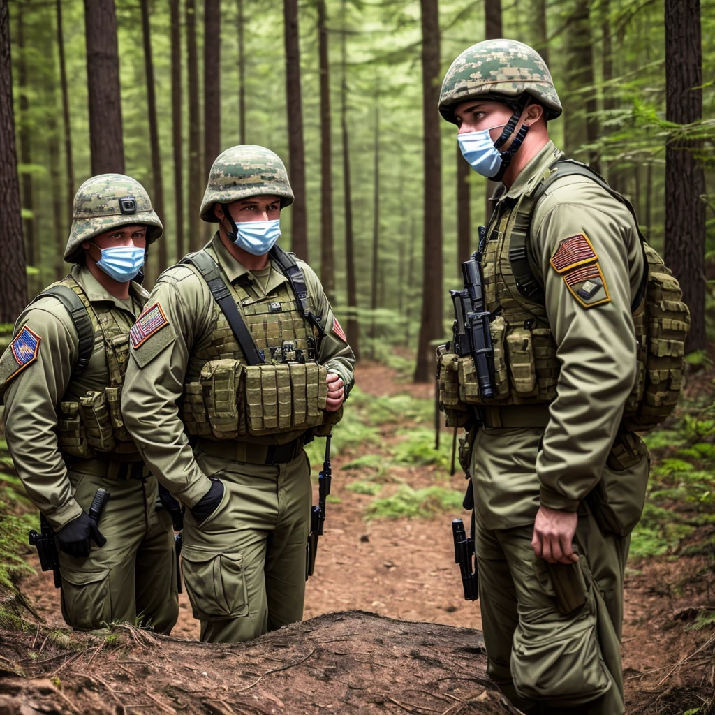 white 2males, 2guys, 2soldiers, wearing 1994 american military uniforms, face to face, stare down, wearing balaclavas, wearing mask, face headen, in a forest, beautiful background, no more than 2 characters, close up, half body
