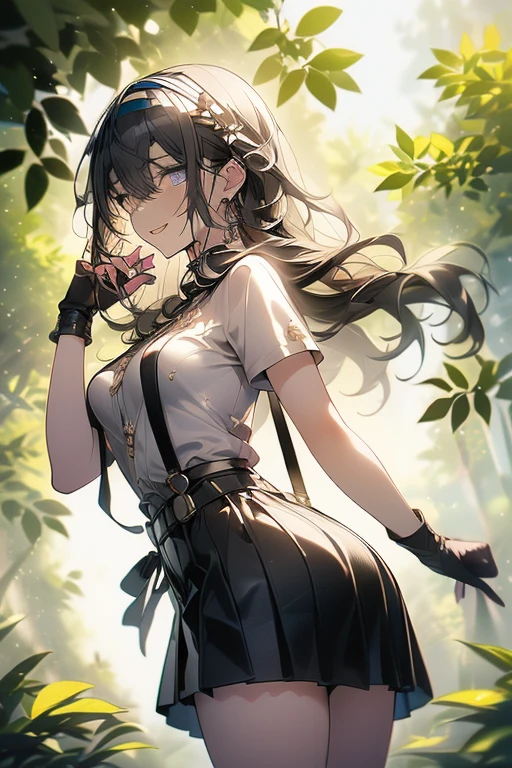 22 years old, (milf:1.0), cute breast, beautiful breasts,black suspenders,(Bulging ,small breasts:1.3),(long Black miniskirt:1.3),garters,Gaze,Small face,bangss,holster,gun Belt Armament holder,Beautuful Women, thin waist, big ass:1.0, Raised sexy, (dark bronde mediumlong hair,side ponytail,hair between eyes,bangs, dark blue eyes, light smile, Revimpling fabric, earrings, Hand gloves, detailed face,detailed and beautiful eyes,beautiful detailed lips,(ultra high resolution, 8K RAW photo, photo realistics, thin outline:1.3, clear focus), best qualtiy, natural lighting, textile shading, field depth (Bright pupils, fine detailed beautiful eyes with highlight:1.3, high detailed face), Red lip, fine realistic skins:1.1, looking down viewers:1.3, (dynamic angle:1.3, front view:0.8, breast focus:1.3, from below:1.2), (dynamic posing:1.5, sexy posing:1.2, leaning forward),Youghal, side lock, hair ornaments, hair band,nice,garden background,artistic rendering,Super detailed,(highest quality,(with sparkling eyes and a contagious smile),her thin pubic hair, looking at viewer,