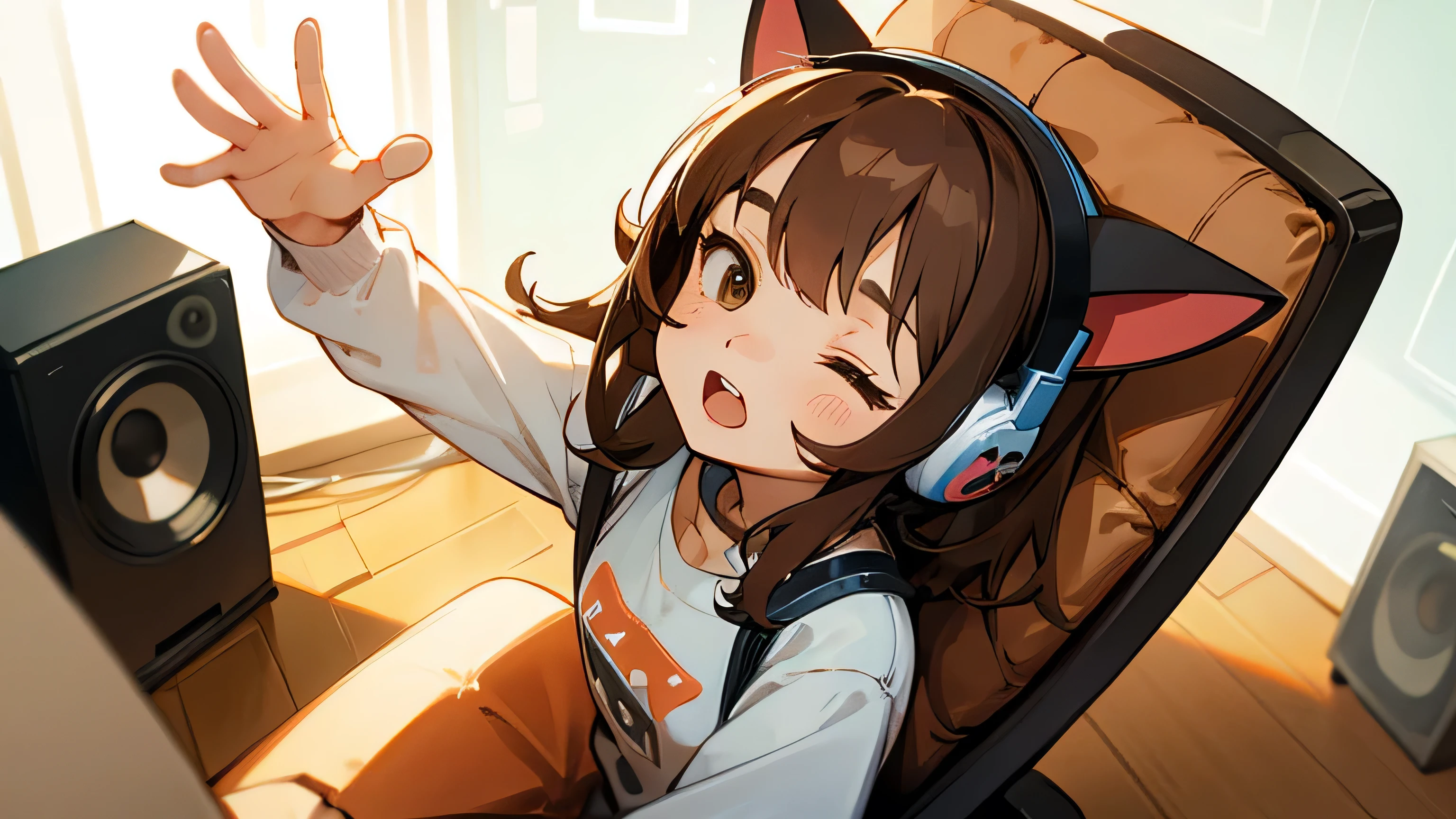 Room with speakers、Cat with headphones、Face close-up、noon、Brown Hair、Looking up with open mouth、Sitting in a chair、One eye closed、Waving one hand