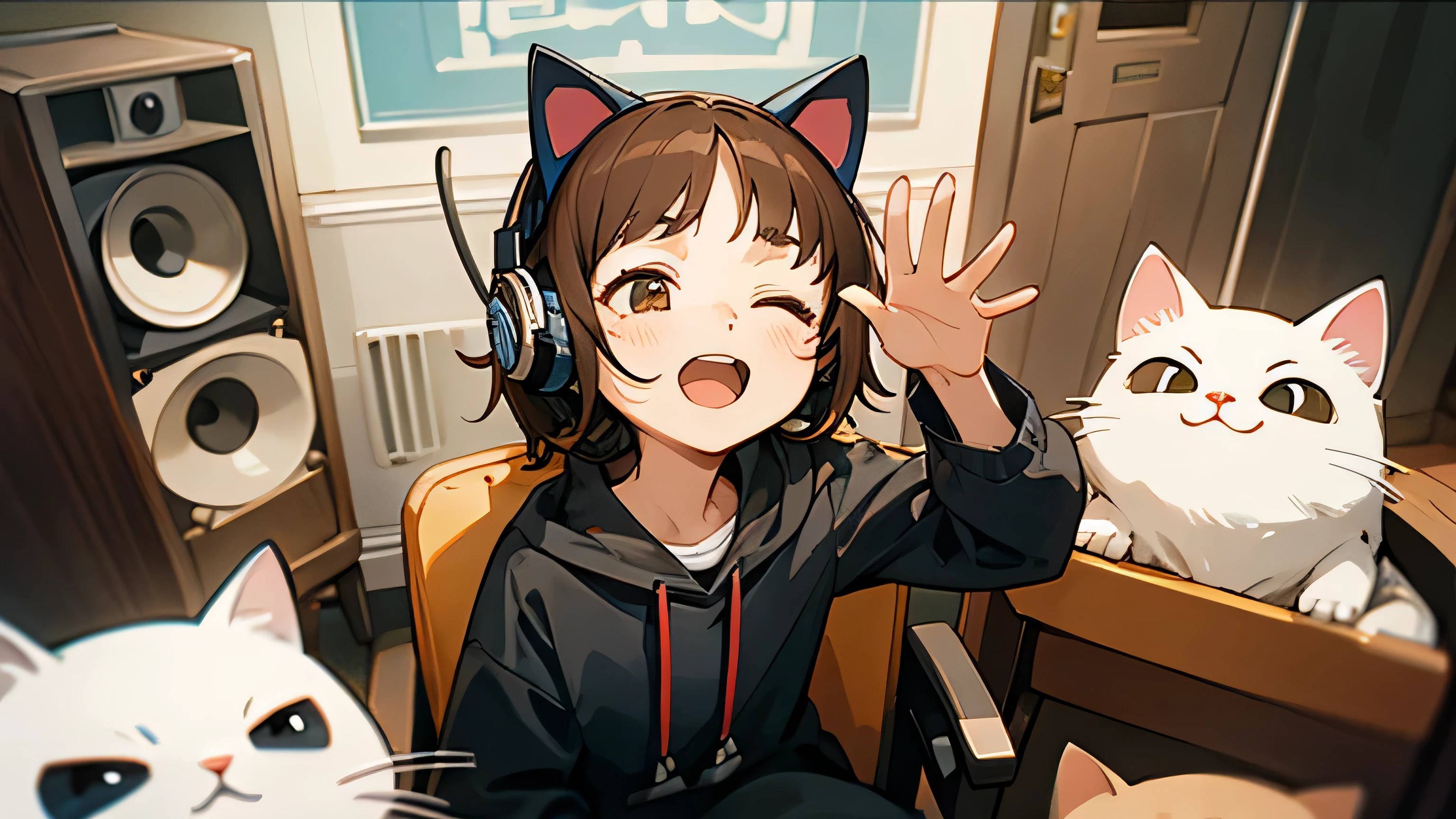 Room with speakers、Cat with headphones、Face close-up、noon、Brown Hair、Looking up with open mouth、Sitting in a chair、One eye closed、Waving one hand