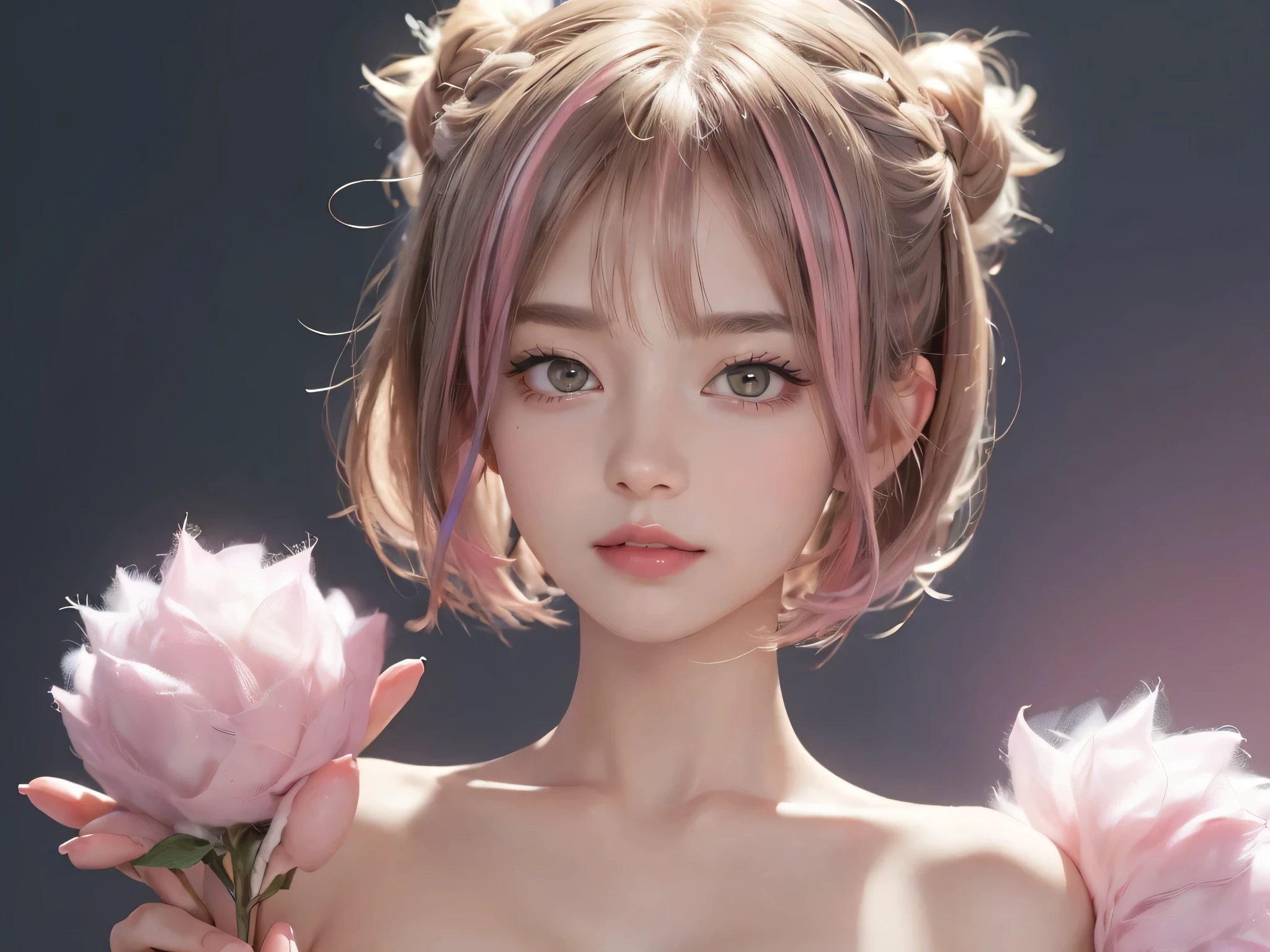 (masterpiece、Highest quality:1.4)、
(8K resolution、Ultra-high resolution:1.2)、
Realistic,
Detailed depiction face、Eye for detailed depiction、Detailed skin、Detailed hair、Glowing Skin、
Japanese Idol、Very beautiful woman、Detail and beauty that cannot be captured in reality:1.3、
Elegant and perfect figure、Perfect Anatomy、
1 Girl、16 years old、
Lip gloss、Add highlights to the eyes:1.5、
Dynamic Angle、(Beautiful Bangs、Highly detailed hair:1.5)、Glowing Skin:1.4、
Please look closely at the camera、Natural and comfortable lighting、Highlights from below、
Very cute smile、Very happy smile、
(White background、Face close-up:2)、
Upper Body、Landscape
(Fluffy short bob hair、Pastel pink hair:1.5)、
eyelash、
Light-colored eyes、
(Pink nipples、Pink areola:1.5)