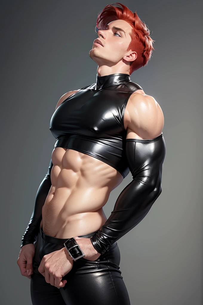 Masterpiece, Best Quality, Solo, Man with big muscular,wide shoulder,big tricep, studio simple background, Natural eyes, Short and delicate red hair, Sexy Man, looking up at the viewer,black tight leather tank top,black leather shiny tight pants , Small plots, Standing, Muscular posture