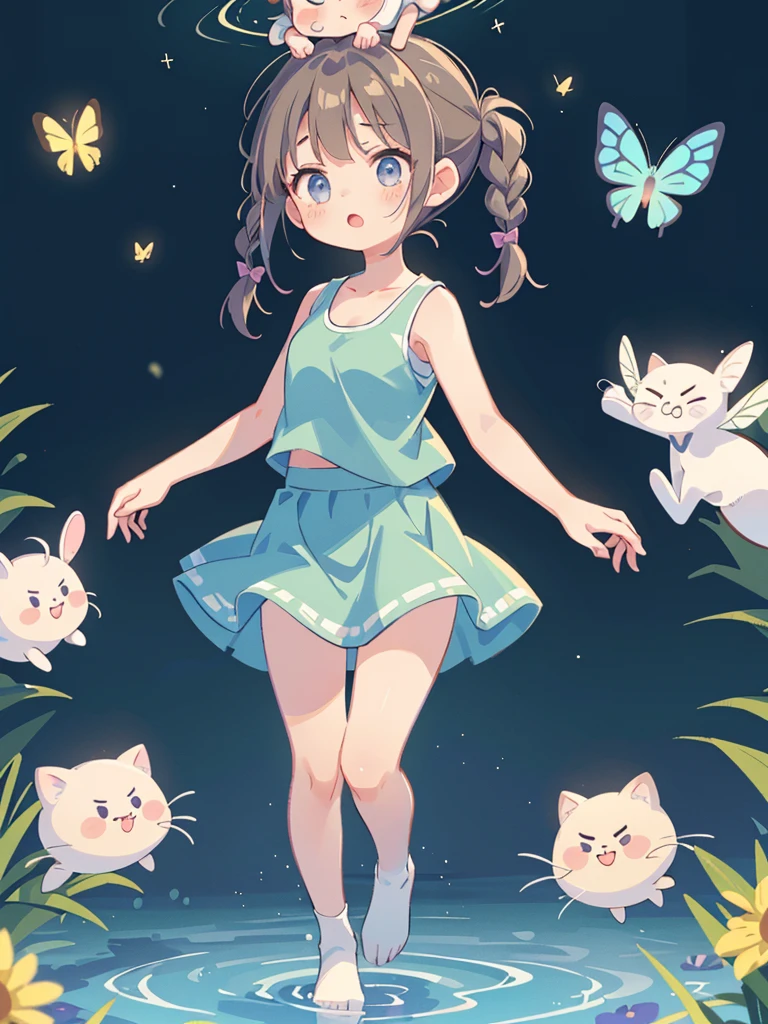 Highest quality、High resolution、Detailed Background、(Beautiful face in every detail:1.4)、Anatomically correct、(Detailed facial expressions)、(fine grain:1.2)、age Beauty、Cute hair color、Braided Ponytail、Braided bob cut、Braided twin tails、Lower grade primary school students, (pastel colour、Tank top:1.5、deepVneck)、mini skirt、Perfect body line、When they see insects, they get startled and run away in a panic.、(Both hands are raised above the head:1.5)、The skirt flutters、Full body shot、