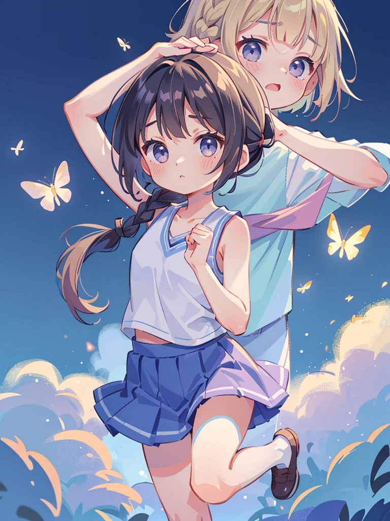 Highest quality、High resolution、Detailed Background、(Beautiful face in every detail:1.4)、Anatomically correct、(Detailed facial expressions)、(fine grain:1.2)、age Beauty、Cute hair color、Braided Ponytail、Braided bob cut、Braided twin tails、Lower grade primary school students, (pastel colour、Tank top:1.5、deepVneck)、mini skirt、Perfect body line、When they see insects, they get startled and run away in a panic.、(Both hands are raised above the head:1.5)、The skirt flutters、Full body shot、