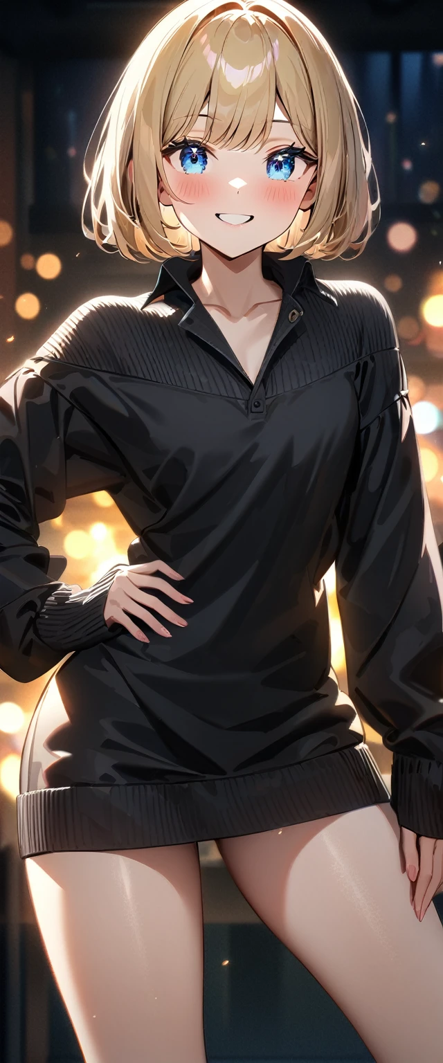 (((One girl))), blond hair, bob cut, (cowboy shot), (looking at viewer), ((black sweater:1.3、Quite thick shoulder straps、sleeves past wrists)), (((off-shoulder, open collar, no collar, oversized))), face in focus, ager, head tilt:1.3, (((blue eye))), ((happy smile)), ((blush)), contrapposto, one hand on hip, black panties, anime style, (best quality, 4k, 8k, highres, masterpiece:1.2, ultra-detailed, ultra-detailed eyes, HDR, UHD, studio lighting, ultra-fine painting, sharp focus, physically-based rendering, extreme detail description, professional, vivid colors, bokeh)