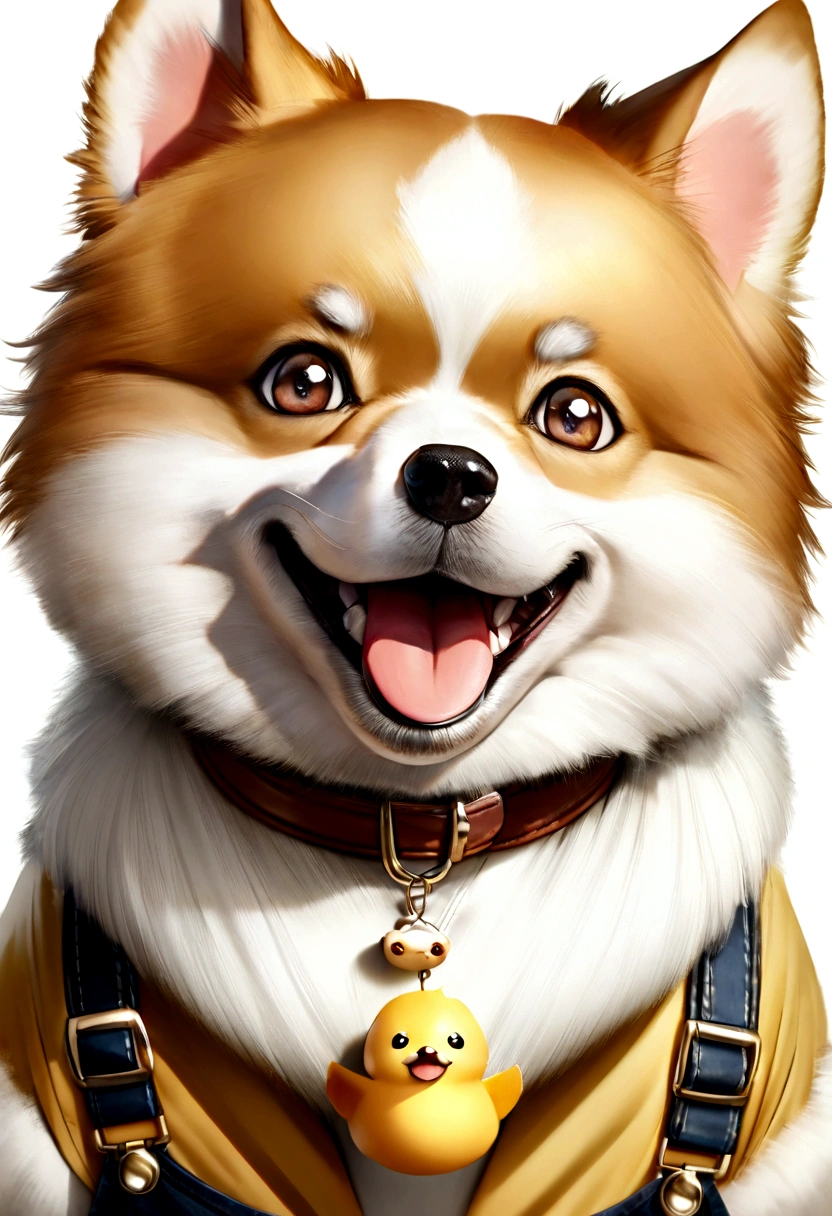 Adorable smiling small dog, Pomeranian and Corgi mix breed. Fluffy bright orange and white long coat. Happily smiling with wide open mouth. Bright clear brown eyes. Ears perked up. Brown collar with multiple tags. Yellow duck-shaped necklace accessory. White fluffy chest fur. Overall healthy and lively appearance. High-detail photorealistic style. White background.