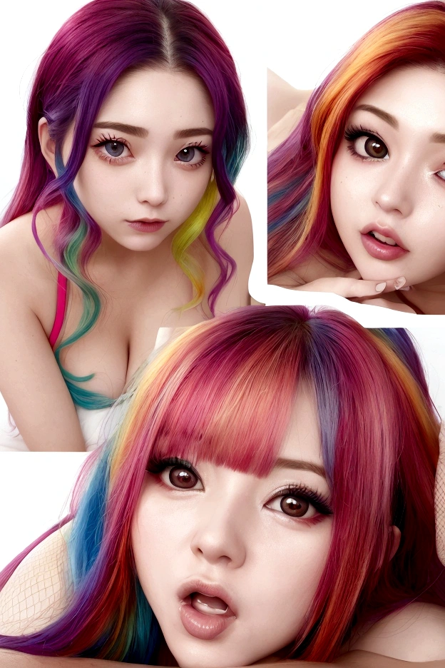 6 headshot photos in one photos, extremely beautiful woman with multicolored hair, laying on a white bed, looking at the camera man, neon colored fishnet set, moaning orgasmic  ahegao face, 