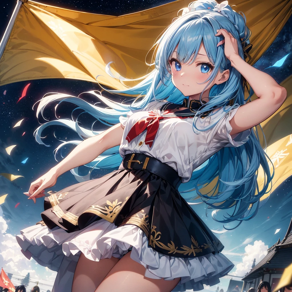 1girl、Dynamic composition、marching band、(((Masterpiece、Highest quality、Official Art、Super detailed、Handsome face、Dynamic composition)))、Anime Style、(Milky white and blue hair:1.3),(blue eyes:1.4),(Bright colors:1.4),((麻の葉background:1.3)),, marching bandのユニフォームを着たクールな女の子, marching bandの帽子、mini skirt, Frills, Black and white with gold embroidered flag held in both hands,（background:Large red flag on the back with gold floral embroidery, Note, )、euphonium、Huge Flag、