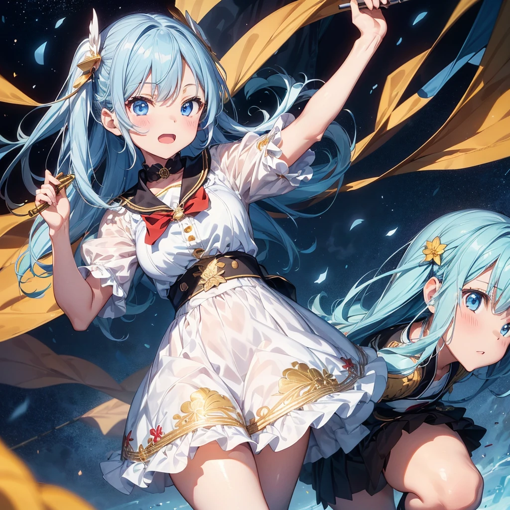1girl、Dynamic composition、marching band、(((Masterpiece、Highest quality、Official Art、Super detailed、Handsome face、Dynamic composition)))、Anime Style、(Milky white and blue hair:1.3),(blue eyes:1.4),(Bright colors:1.4),((麻の葉background:1.3)),, marching bandのユニフォームを着たクールな女の子, marching bandの帽子、mini skirt, Frills, Black and white with gold embroidered flag held in both hands,(background:Large red flag on the back with gold floral embroidery, Note, )、euphonium、Huge Flag、