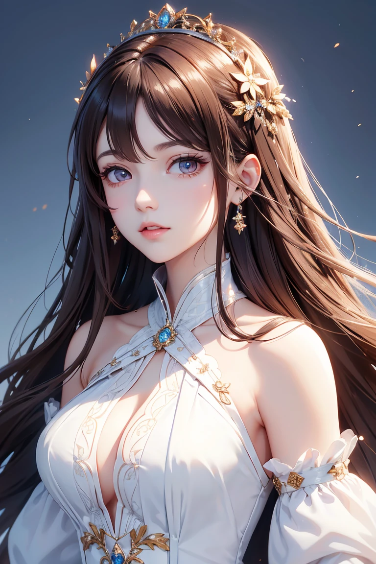 Masterpiece, Best quality, 1 Female, Mature Woman, Elder Sister, young girl, Royal Sister, brown eyes, long hair, smoky mix brown color hair, resolute eyes, white mix blue dress, long white eardrop, morden, frontal photo, blank background, remove background, anime, illustration