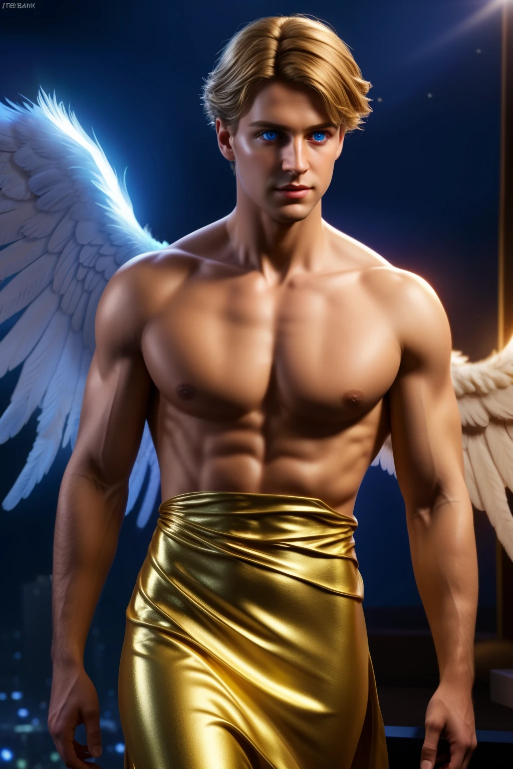 looking into camera, best quality, masterpiece, upper body, bright highlights, (extremely detailed CG unity 8k wallpaper), handsome young man, angelic wings, halo, (male, man), messy hair, short hair, serious, dramatic pose, cinematic lighting, photorealistic, dynamic pose, sharp-focus, 80s fantasy art, (photorealistic:1.4), (masterpiece, finely detailed beautiful eyes: 1.2), masterpiece*portrait, realistic, 3d face, glowing eyes, blonde hair, 1920s plunging neckline dress