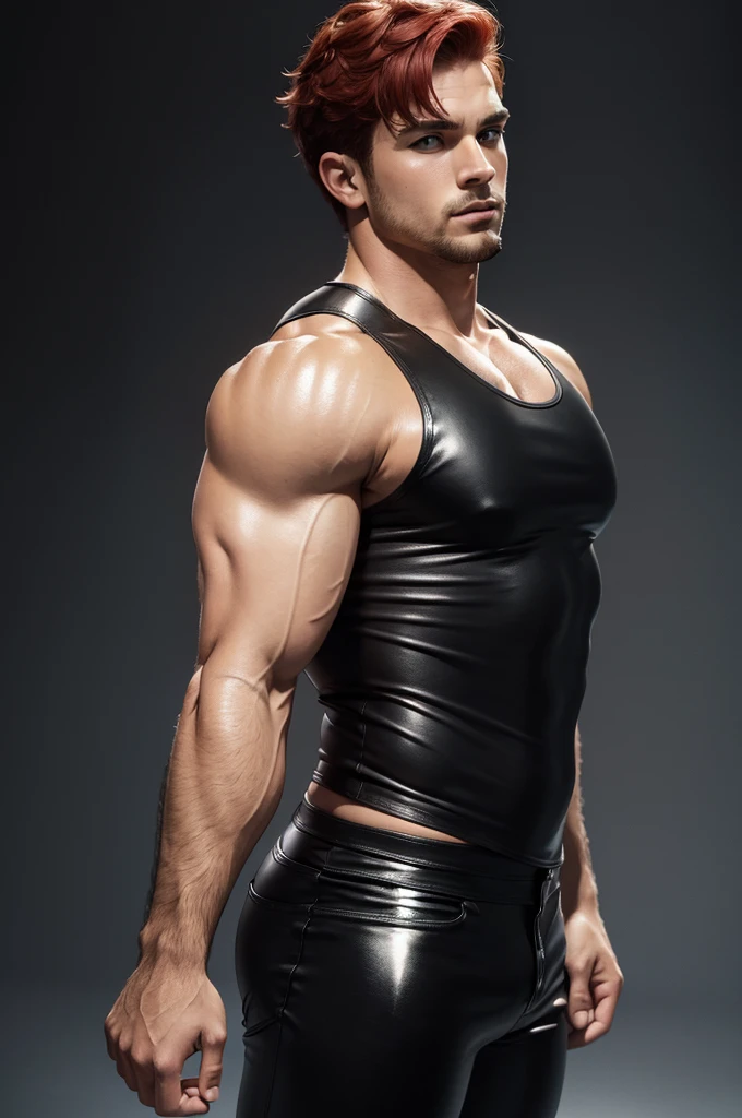 Masterpiece, Best Quality, Solo, Man with big muscular,wide shoulder,big tricep, studio simple background, Natural eyes, Short and delicate red hair, Sexy Man, looking up at the viewer,black tight leather tank top,black leather shiny tight pants , Small plots, Standing, Muscular posture