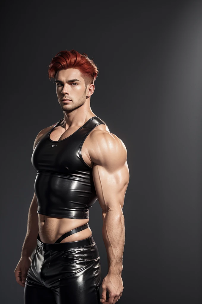 Masterpiece, Best Quality, Solo, Man with big muscular,wide shoulder,big tricep, studio simple background, Natural eyes, Short and delicate red hair, Sexy Man, looking up at the viewer,black tight leather tank top,black leather shiny tight pants , Small plots, Standing, Muscular posture