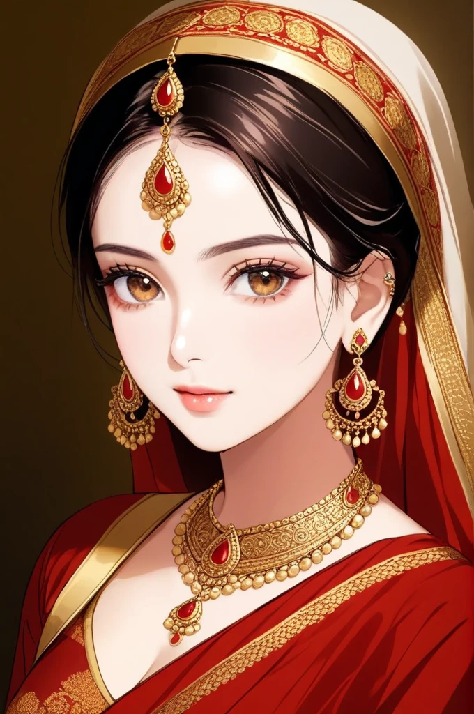 a woman in a red sari and gold jewelry looks at the camera, traditional beauty, traditional makeup, wearing gold jewellery, traditional female hairstyles, traditional, heavy gold jewellery, gold jewellery, red and golden color details, gold adornments, very beautiful enga style, with small studded earings, candid photograph, intricate thin details in gold, red and gold, gold and red