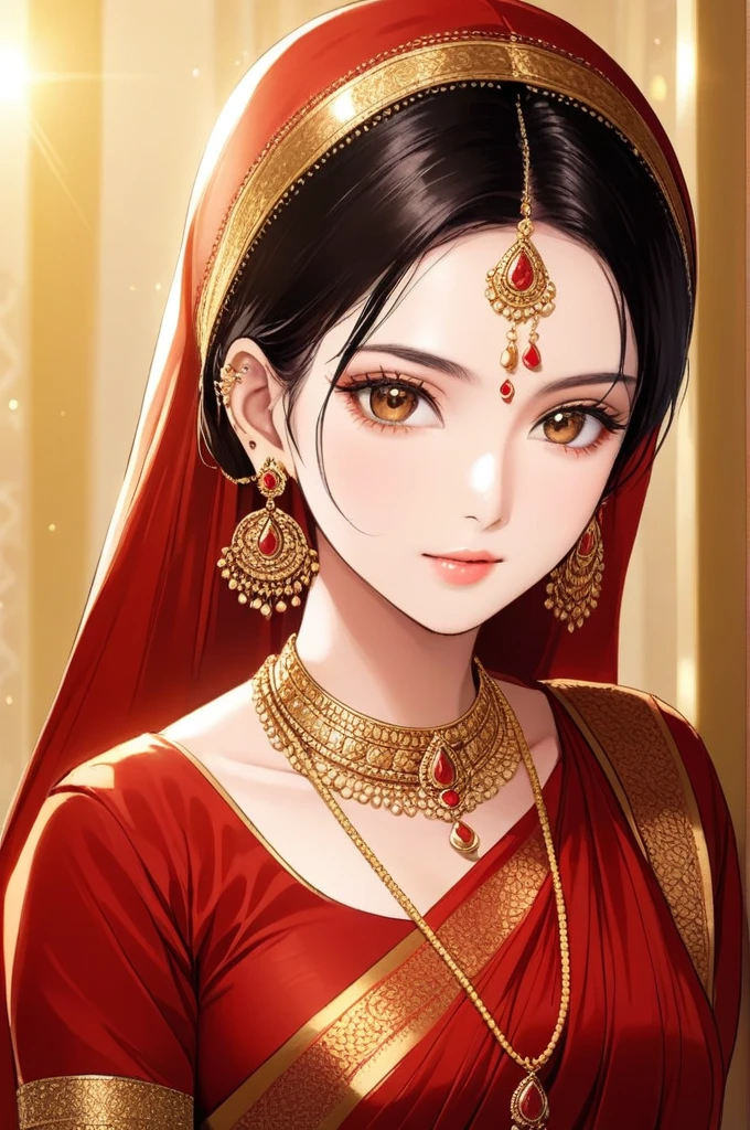 a woman in a red sari and gold jewelry looks at the camera, traditional beauty, traditional makeup, wearing gold jewellery, traditional female hairstyles, traditional, heavy gold jewellery, gold jewellery, red and golden color details, gold adornments, very beautiful enga style, with small studded earings, candid photograph, intricate thin details in gold, red and gold, gold and red