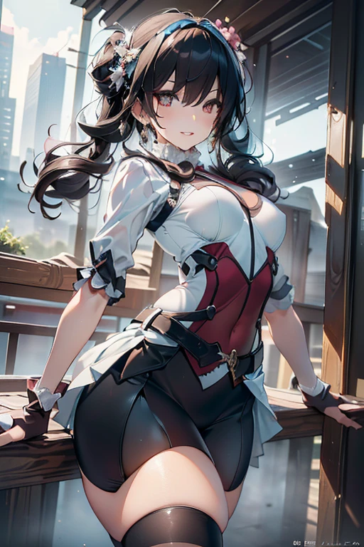 22 years old, (milf:1.0), cute breast, beautiful breasts,black suspenders,(Bulging ,small breasts:1.3),(long Black miniskirt:1.3),garters,Gaze,Small face,bangss,holster,gun Belt Armament holder,Beautuful Women, thin waist, big ass:1.0, Raised sexy, (dark bronde mediumlong hair,side ponytail,hair between eyes,bangs, dark blue eyes, light smile, Revimpling fabric, earrings, Hand gloves, detailed face,detailed and beautiful eyes,beautiful detailed lips,(ultra high resolution, 8K RAW photo, photo realistics, thin outline:1.3, clear focus), best qualtiy, natural lighting, textile shading, field depth (Bright pupils, fine detailed beautiful eyes with highlight:1.3, high detailed face), Red lip, fine realistic skins:1.1, looking down viewers:1.3, (dynamic angle:1.3, front view:0.8, breast focus:1.3, from below:1.2), (dynamic posing:1.5, sexy posing:1.2, leaning forward),Youghal, side lock, hair ornaments, hair band,nice,garden background,artistic rendering,Super detailed,(highest quality,(with sparkling eyes and a contagious smile),her thin pubic hair, looking at viewer,
