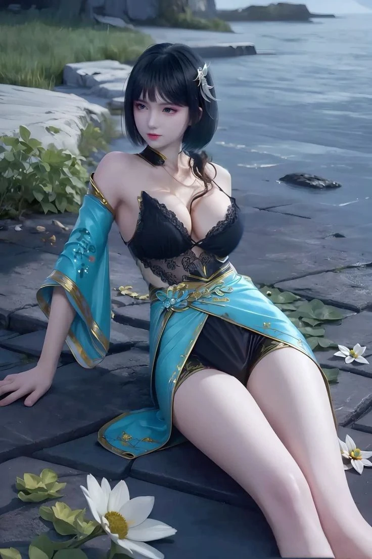 photograph of a dark-haired woman with windblown curls, her hair is intertwined, like a flame against the night sky., radiating unbridled beauty, Big Breats, wearing a transparan unbuttoned night gown holding a teddy bear