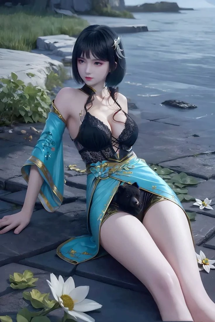 photograph of a dark-haired woman with windblown curls, her hair is intertwined, like a flame against the night sky., radiating unbridled beauty, Big Breats, wearing a transparan unbuttoned night gown holding a teddy bear
