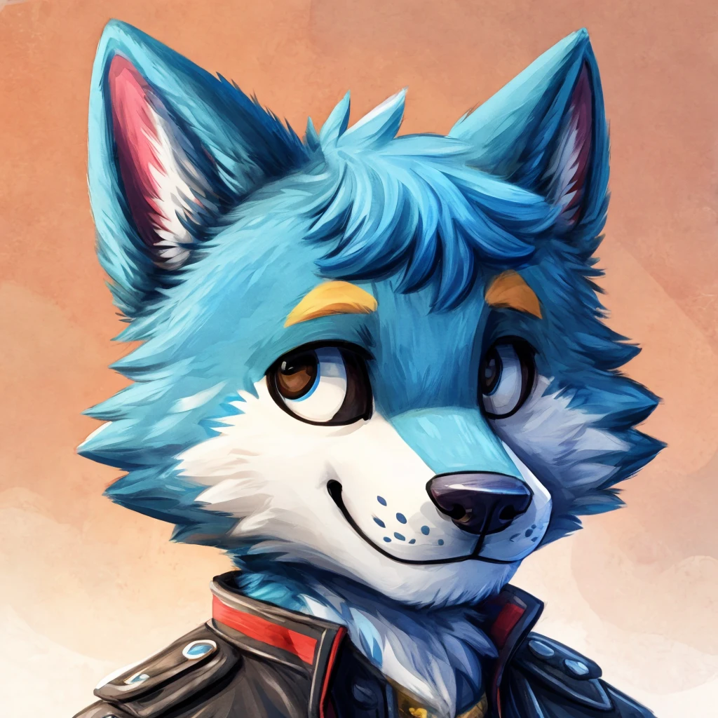 medium close-up of a cute and anthropomorphic blue colored fur, wolf, closed smile, he has a jacket, headshot, high quality furry art, cute background. animal crossing style.
