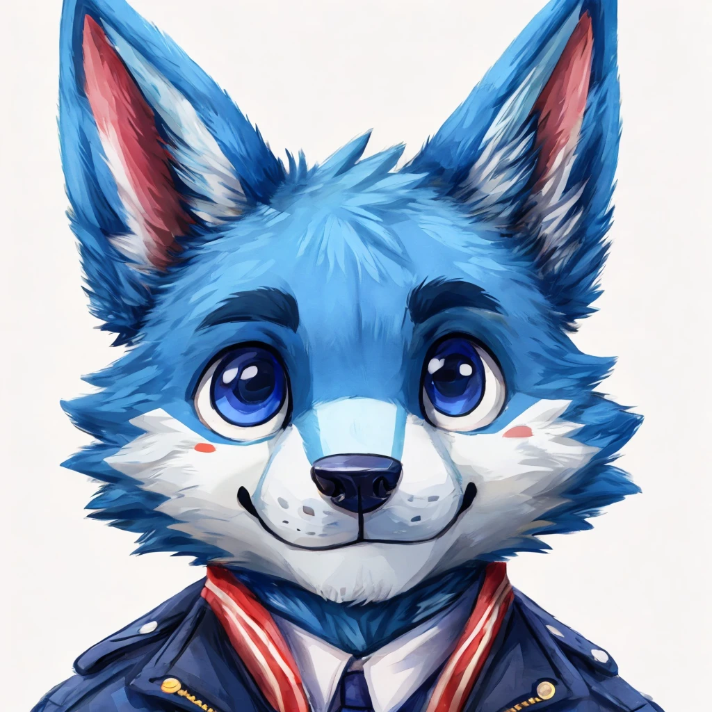 medium close-up of a cute and anthropomorphic blue colored fur, wolf, closed smile, he has a jacket, headshot, high quality furry art, cute background. animal crossing style.
