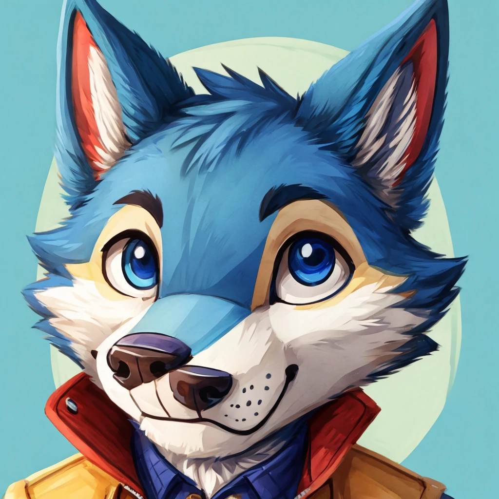 medium close-up of a cute and anthropomorphic blue colored fur, wolf, closed smile, he has a jacket, headshot, high quality furry art, cute background. animal crossing style.